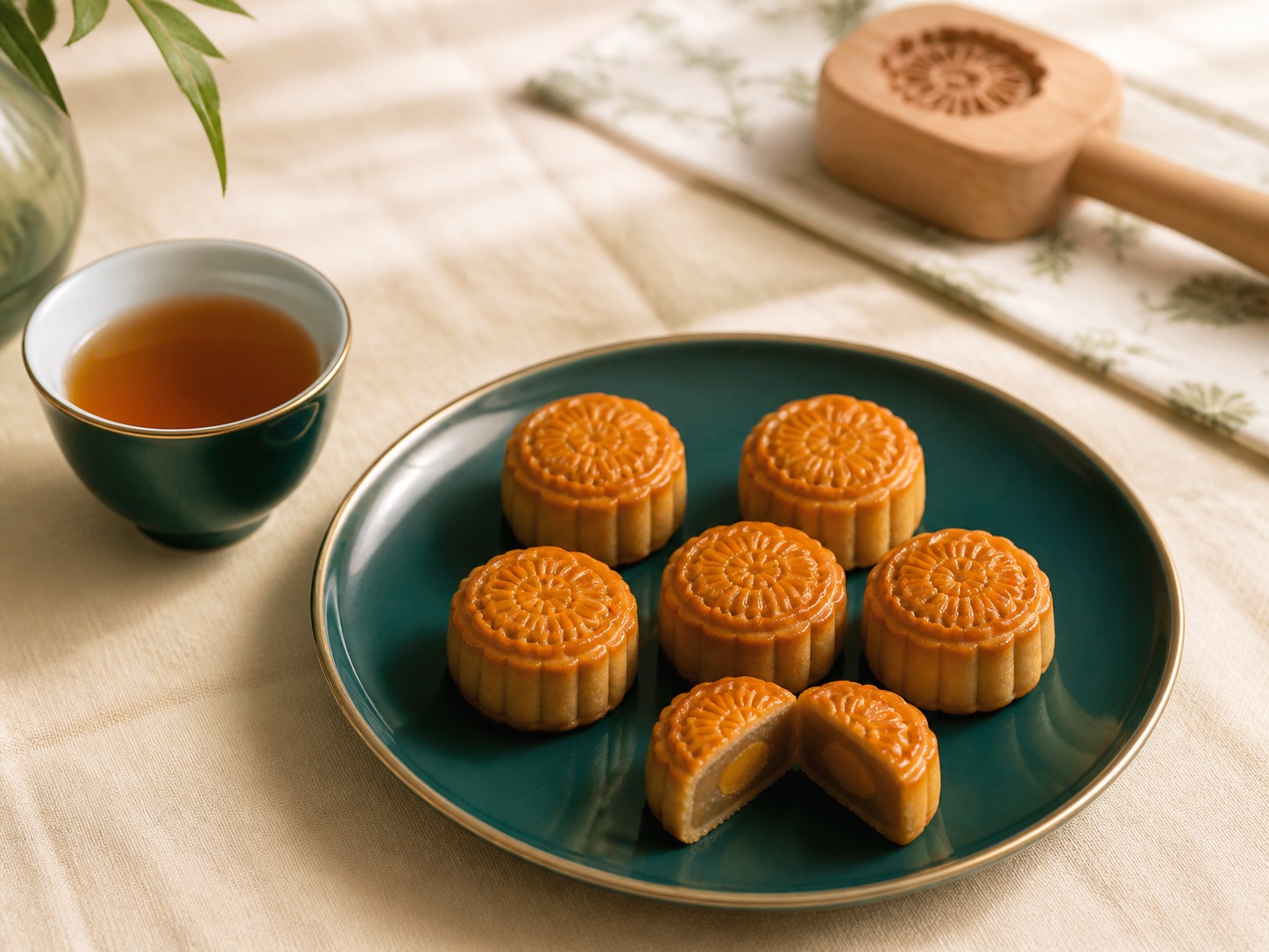 Six finished mini traditional mooncakes on a jade plate beside tea